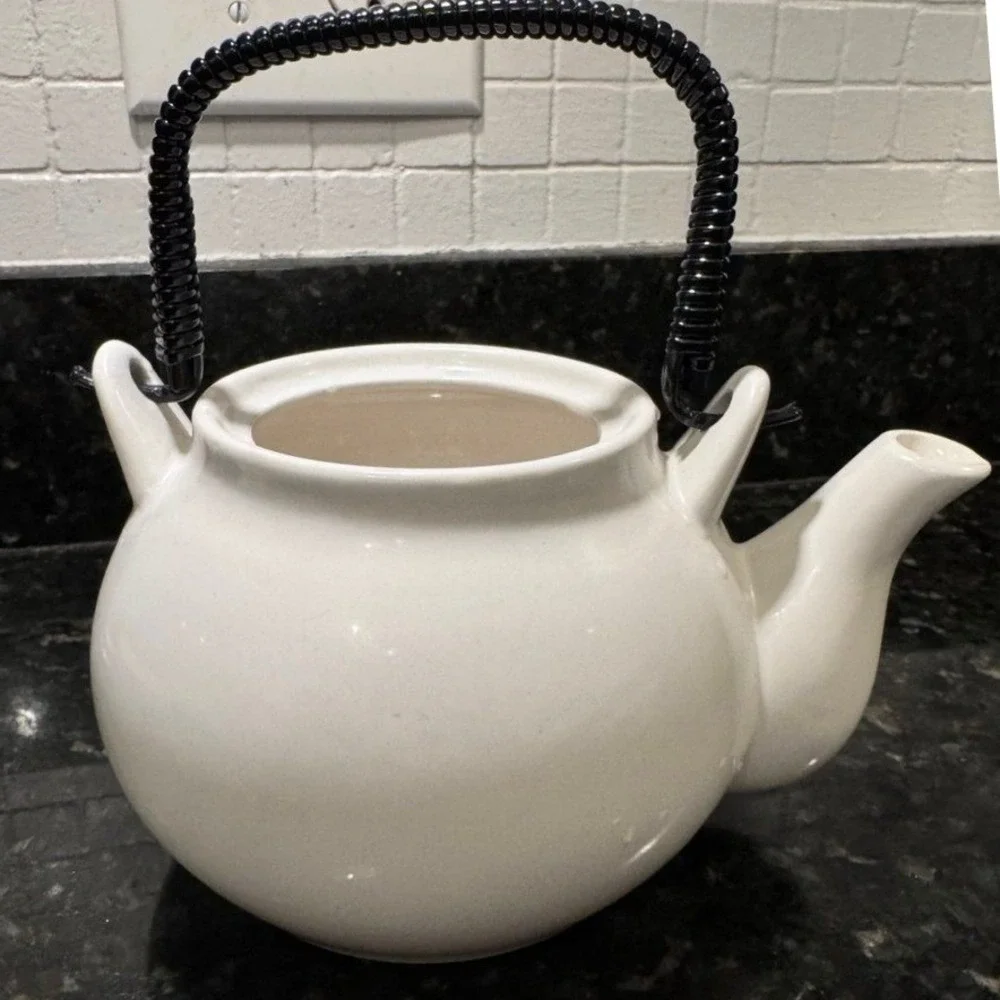 Ceramic Tea Set White Black Asian Calligraphy 
